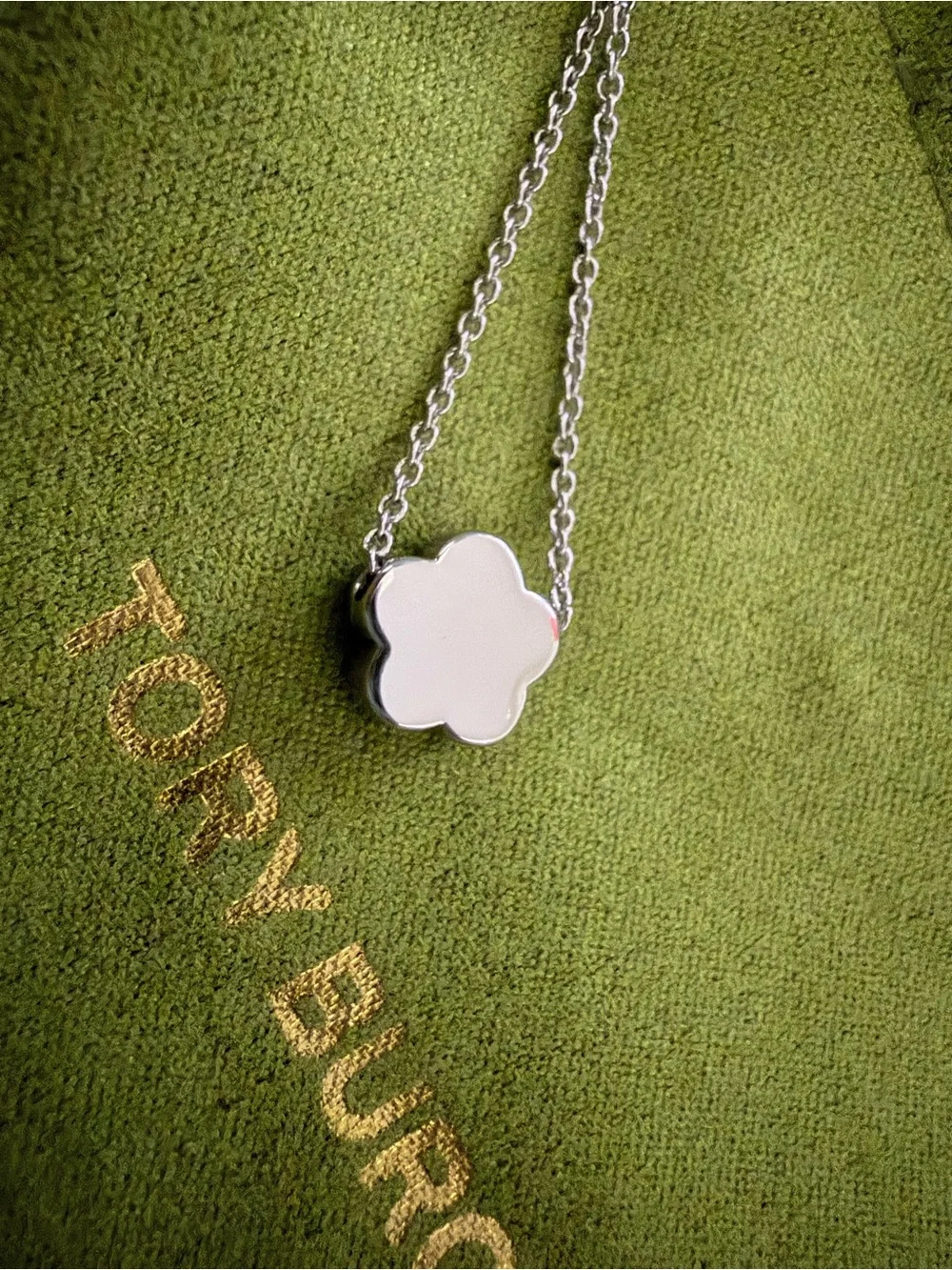Tory Burch Green Clover Logo Pendant Necklace with Silver Chain 16-18 inches